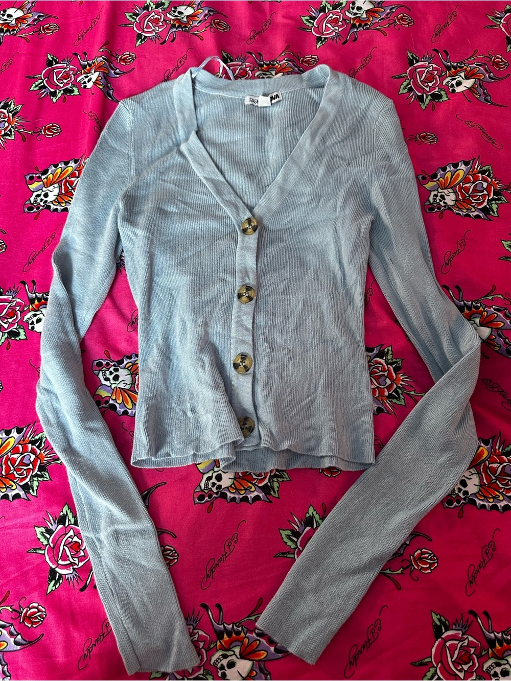 Fashion Nova Light Blue Ribbed V-Neck Button Cardigan